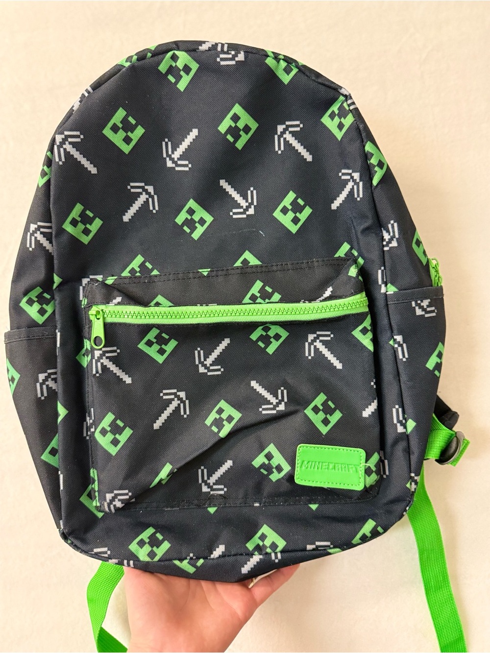 Minecraft Creeper Pickaxe Print Backpack Black & Green Kids Daypack